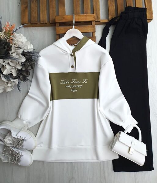 DINES YAZILI GARNİLİ KAPŞONLU TUNİK 5646-09-HAKİ - 1