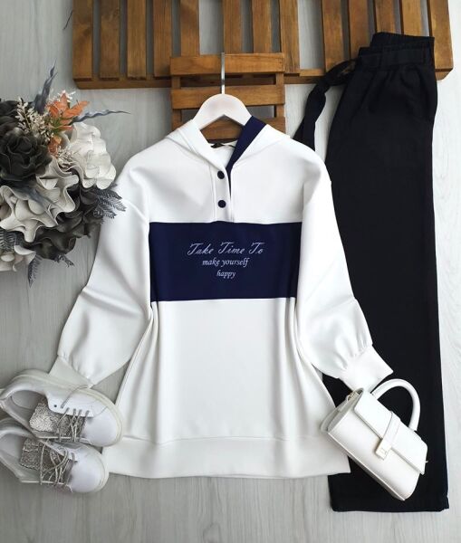 DINES YAZILI GARNİLİ KAPŞONLU TUNİK 5646-12-LACİVERT - 1