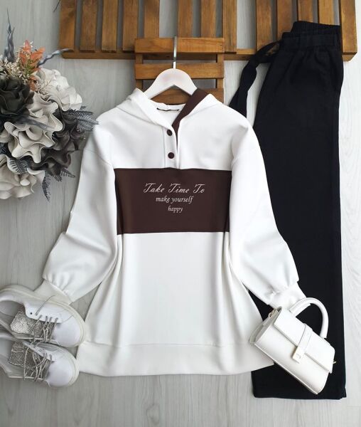 DINES YAZILI GARNİLİ KAPŞONLU TUNİK 5646-37-KAHVE - 1