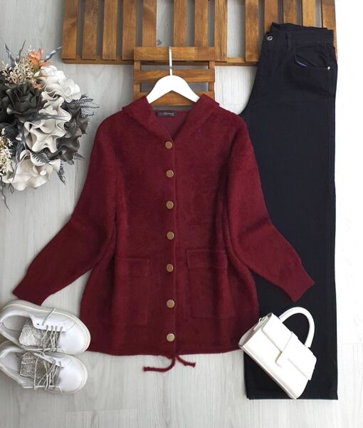 DİNS KAPŞONLU DÜĞMELİ SAKAL İPLİK KAP 3221-04-BORDO - 1