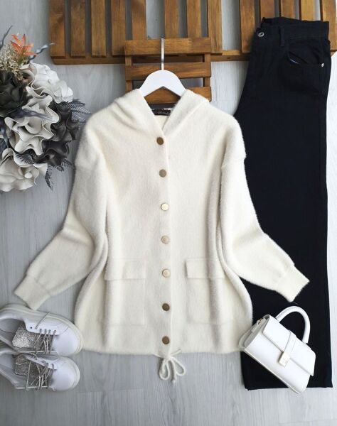 DİNS KAPŞONLU DÜĞMELİ SAKAL İPLİK KAP 3221-50-KEMİK - 1