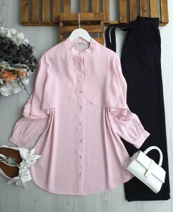 DİZGE OMUZ VE ÖN PELERİN GÖMLEK TUNİK 5550-47-PEMBE - 