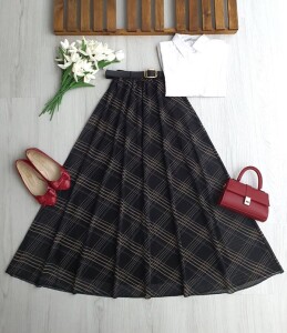 DOGN KARE DESEN DERİ KEMERLİ BELİ LASTİKLİ ASTARLI ŞİFON ETEK A6-2-6112-12-LACİVERT - 1