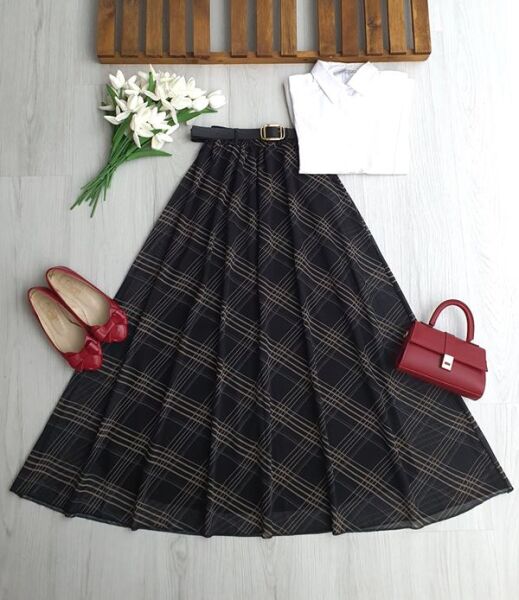 DOGN KARE DESEN DERİ KEMERLİ BELİ LASTİKLİ ASTARLI ŞİFON ETEK A6-2-6112-12-LACİVERT - 1