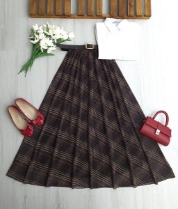 DOGN KARE DESEN DERİ KEMERLİ BELİ LASTİKLİ ASTARLI ŞİFON ETEK 6112-37-KAHVE - 