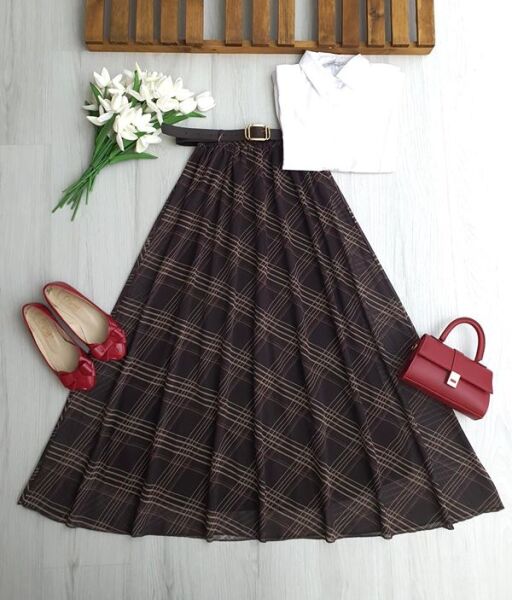 DOGN KARE DESEN DERİ KEMERLİ BELİ LASTİKLİ ASTARLI ŞİFON ETEK A6-2-6112-37-KAHVE - 1