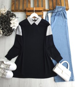 DORS ÇİZGİLİ GÖMLEK YAKA GENİŞ KALIP TUNİK B5-5-5611-01-SİYAH - 