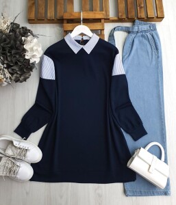 DORS ÇİZGİLİ GÖMLEK YAKA GENİŞ KALIP TUNİK B5-5-5611-12-LACİVERT - 