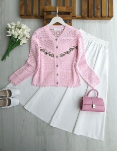 DULQ YAPRAK NAKIŞLI AJURLU DOKUMA HIRKA 8209-05-PUDRA - 1