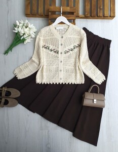 DULQ YAPRAK NAKIŞLI AJURLU DOKUMA HIRKA 8209-34-BEJ - 1