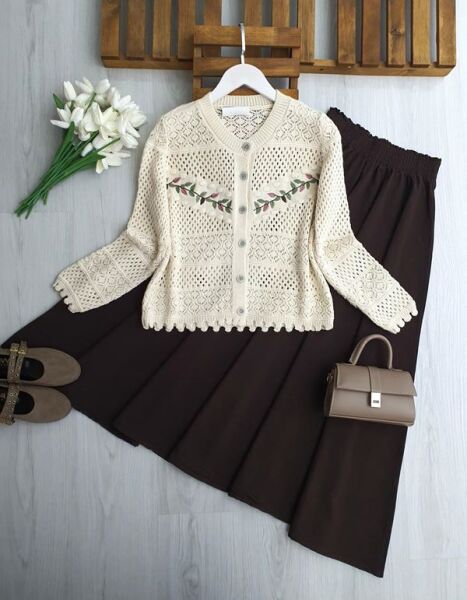 DULQ YAPRAK NAKIŞLI AJURLU DOKUMA HIRKA 8209-34-BEJ - 1