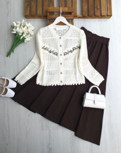 DULQ YAPRAK NAKIŞLI AJURLU DOKUMA HIRKA 8209-50-KEMİK - 1