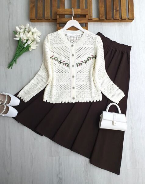 DULQ YAPRAK NAKIŞLI AJURLU DOKUMA HIRKA 8209-50-KEMİK - 1