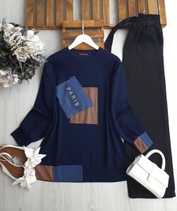 DUNVA DERİ VE KOT GARNİLİ TUNİK 5622-12-LACİVERT - 1