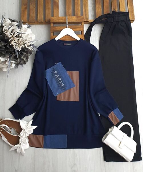 DUNVA DERİ VE KOT GARNİLİ TUNİK 5622-12-LACİVERT - 1