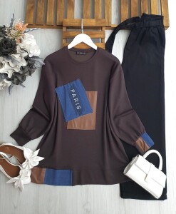 DUNVA DERİ VE KOT GARNİLİ TUNİK 5622-37-KAHVE - 1