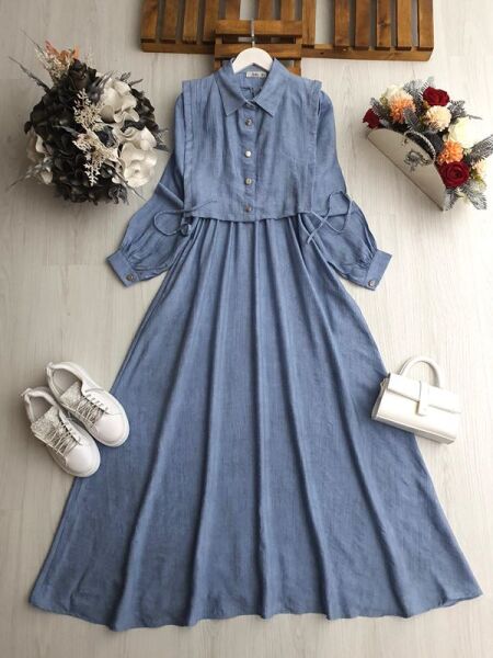 DUVA YAN BAĞCIKLI BOLEROLU ELBİSE İKİLİ TAKIM A8-3- 2335-10-MAVİ - 1