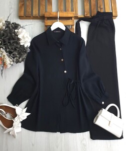 DUWF SİMETRİK DÜĞMELİ İÇ VE DIŞ YAN BAĞCIKLI GÖMLEK TUNİK B2-3-5610-01-SİYAH - 1