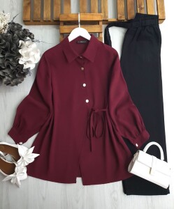 DUWF SİMETRİK DÜĞMELİ İÇ VE DIŞ YAN BAĞCIKLI GÖMLEK TUNİK B2-3-5610-04-BORDO - 