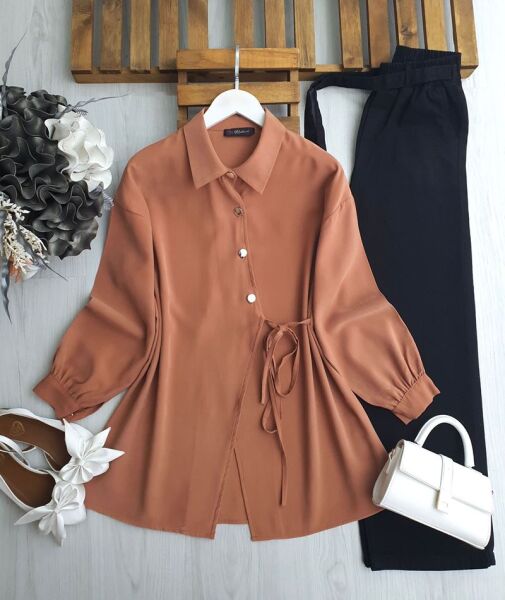 DUWF SİMETRİK DÜĞMELİ İÇ VE DIŞ YAN BAĞCIKLI GÖMLEK TUNİK B2-3-5610-06-KİREMİT - 1