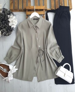 DUWF SİMETRİK DÜĞMELİ İÇ VE DIŞ YAN BAĞCIKLI GÖMLEK TUNİK B2-3-5610-07-YEŞİL - 1