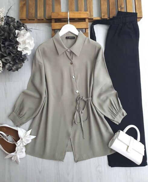 DUWF SİMETRİK DÜĞMELİ İÇ VE DIŞ YAN BAĞCIKLI GÖMLEK TUNİK B2-3-5610-07-YEŞİL - 1