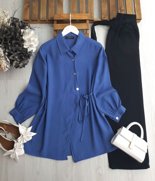 DUWF SİMETRİK DÜĞMELİ İÇ VE DIŞ YAN BAĞCIKLI GÖMLEK TUNİK B2-3-5610-10-MAVİ - 1