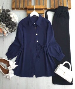 DUWF SİMETRİK DÜĞMELİ İÇ VE DIŞ YAN BAĞCIKLI GÖMLEK TUNİK B2--3-5610-12-LACİVERT - 1