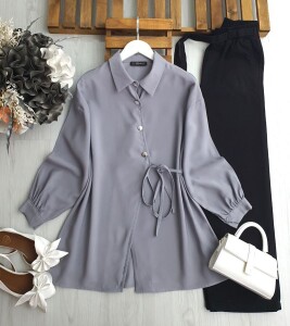 DUWF SİMETRİK DÜĞMELİ İÇ VE DIŞ YAN BAĞCIKLI GÖMLEK TUNİK B2-3-5610-26-GRİ - 