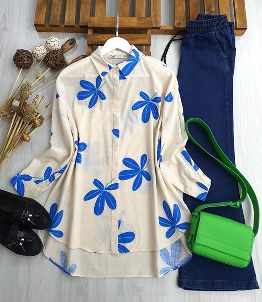 DUYS DAL DESENLİ SALAŞ KETEN GÖMLEK B10-3-5326-14-SAKS - 1