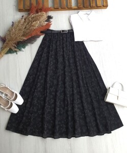 DUZLES DERİ KEMERLİ BELİ LASTİKLİ ÇİÇEK DESENLİ ASTARLI TÜL ETEK A6-2-6097-01-SİYAH - 