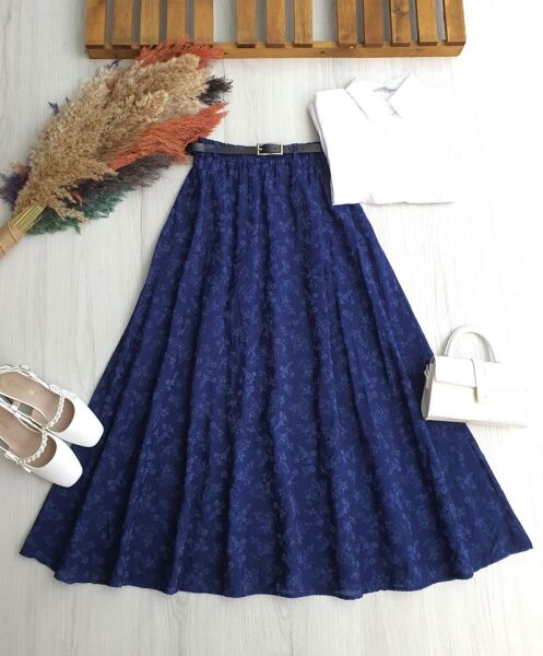 DUZLES DERİ KEMERLİ BELİ LASTİKLİ ÇİÇEK DESENLİ ASTARLI TÜL ETEK B6-4-6097-12-LACİVERT - 1