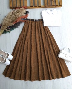 DUZLES DERİ KEMERLİ BELİ LASTİKLİ ÇİÇEK DESENLİ ASTARLI TÜL ETEK B6-4-6097-37-KAHVE - 