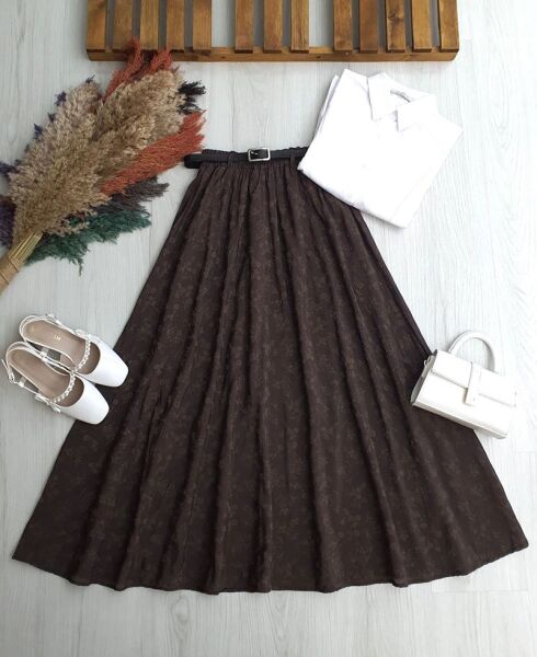 DUZLES DERİ KEMERLİ BELİ LASTİKLİ ÇİÇEK DESENLİ ASTARLI TÜL ETEK 6097-98 KOYU KAHVE - 1