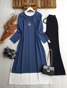 EDDA KOLYELİ TAM BOY İÇLİKLİ İKİLİ KETEN TUNİK A5-3-5420-11-İNDİGO - 