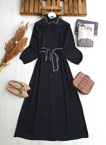 EFO ÇOBAN DİKİŞ NAKIŞLI KEMERLİ KETEN ELBİSE B1-3-2294-01-SİYAH - 