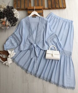 EGQ DANTEL PARÇALI BAĞLAMALI BOLERO ETEKLİ İKİLİ TAKIM A5-5-1647-13-BEBE MAVİSİ - 