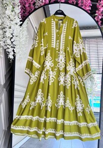 EHZA PATLI DESENLİ YARIM DÜĞMELİ SALAŞ ELBİSE C9--2331-70-YAĞ YEŞİLİ - 