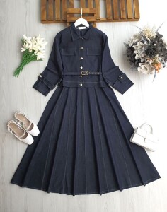 ELAC KEMERLİ BELDEN OTURTMA PARÇALI SIFIR KOL ELBİSE KOLU KEMERLİ CEKET KOT TAKIM 1748-12-LACİVERT - 1