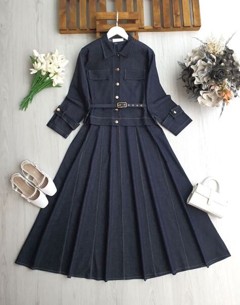 ELAC KEMERLİ BELDEN OTURTMA PARÇALI SIFIR KOL ELBİSE KOLU KEMERLİ CEKET KOT TAKIM 1748-12-LACİVERT - 1