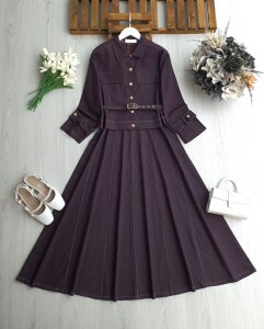 ELAC KEMERLİ BELDEN OTURTMA PARÇALI SIFIR KOL ELBİSE KOLU KEMERLİ CEKET KOT TAKIM 1748-18-MÜRDÜM - 1