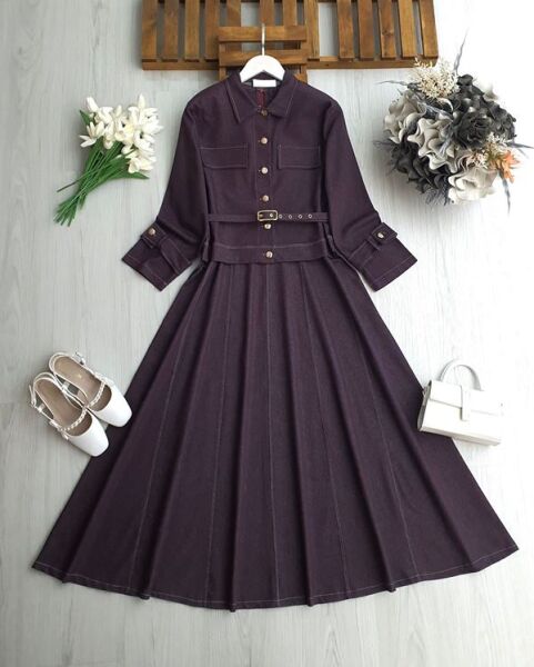 ELAC KEMERLİ BELDEN OTURTMA PARÇALI SIFIR KOL ELBİSE KOLU KEMERLİ CEKET KOT TAKIM 1748-18-MÜRDÜM - 1