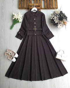 ELAC KEMERLİ BELDEN OTURTMA PARÇALI SIFIR KOL ELBİSE KOLU KEMERLİ CEKET KOT TAKIM 1748-37-KAHVE - 1