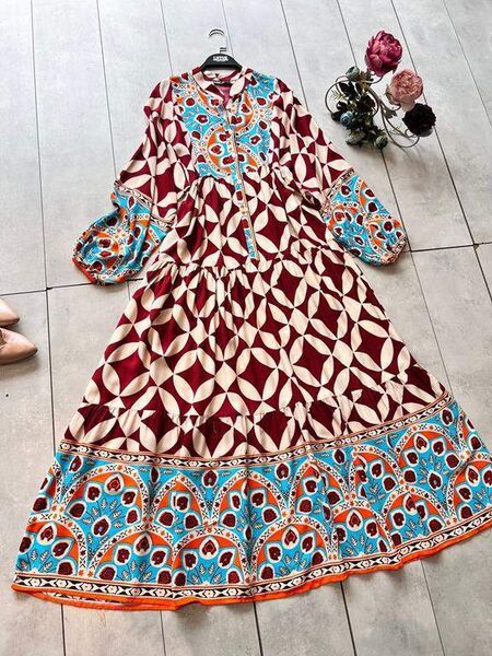 ELAN DESENLİ PATLI YARIM DÜĞMELİ SALAŞ ELBİSE D2-2303-04-BORDO - 1