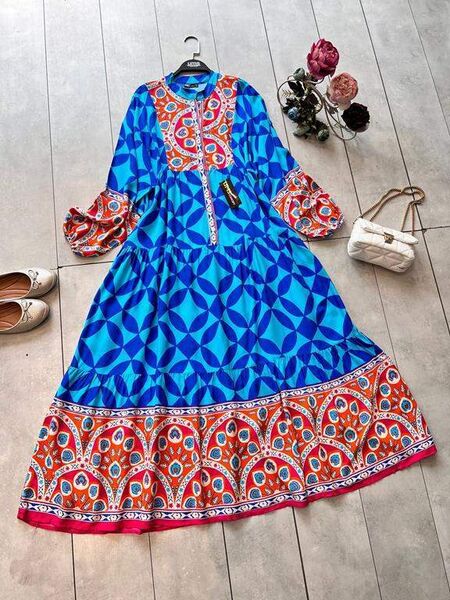 ELAN DESENLİ PATLI YARIM DÜĞMELİ SALAŞ ELBİSE D2-2303-14-SAKS - 1