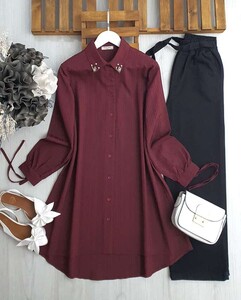 ELİW YAKA TAŞLI KOL BAĞCIKLI SALAŞ GÖMLEK TUNİK B9-5-5494-04-BORDO - 