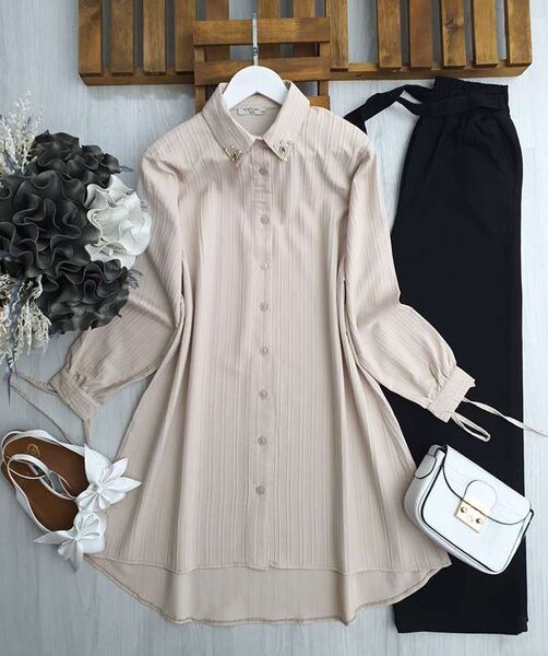 ELİW YAKA TAŞLI KOL BAĞCIKLI SALAŞ GÖMLEK TUNİK D8-5494-34-BEJ - 1