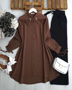 ELİW YAKA TAŞLI KOL BAĞCIKLI SALAŞ GÖMLEK TUNİK B9-5-5494-37-KAHVE - 