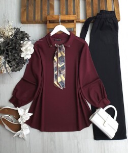 ELNA YAKA FULARLI SALAŞ TUNİK 5641-04-BORDO - 