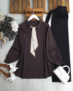 ELNA YAKA FULARLI SALAŞ TUNİK 5641-37-KAHVE - 